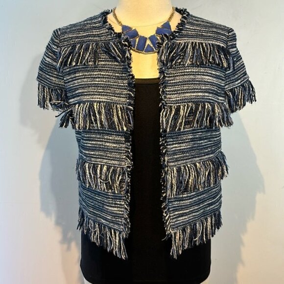 424 Fifth Lord&Taylor blue/white tweed fringe short sleeve jacket/blazer size 6 - Picture 1 of 11